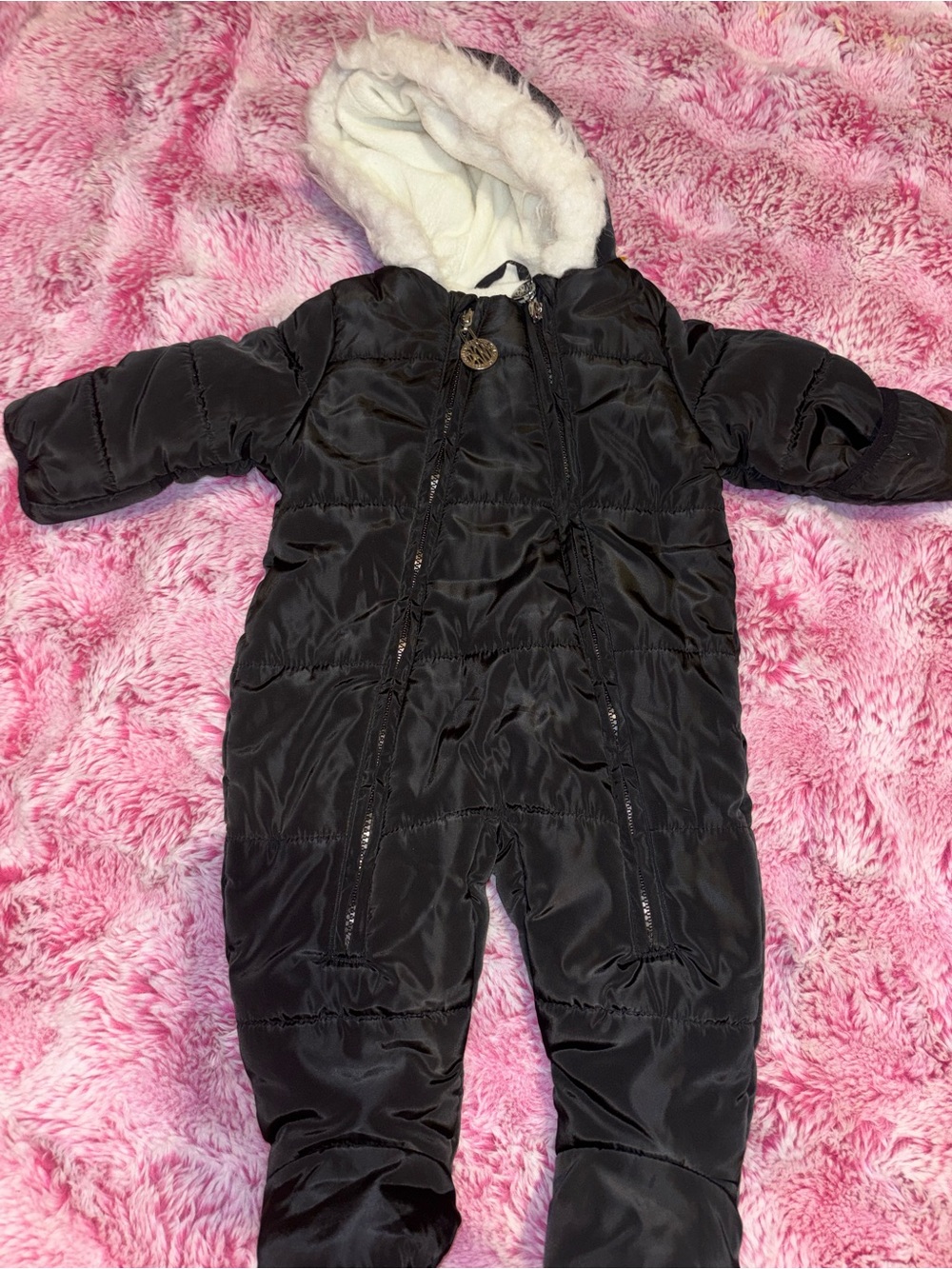 DKNY Black Hooded Puffer Baby Snowsuit with Cream Faux-Fur Lining
